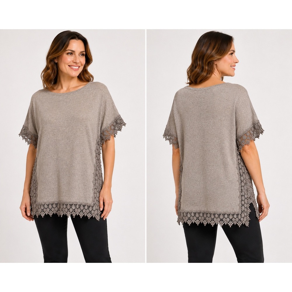 Roz & Ali Petite XL Cashmere Angora Blend Lace Trim Poncho Top Taupe NWT